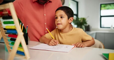 Poster - Child, parent or education on abacus in home, pencil or learning numbers with creativity on visual aid. Boy, school or homework by father on classic math toy, support or brain development in kitchen