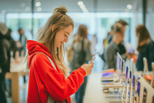 Gen Z female exploring a smartphone in a store, comparing features and contemplating a new purchase.

