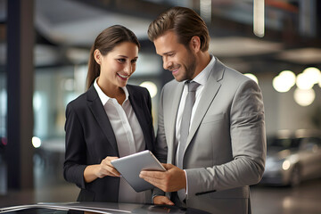 Wall Mural - successful business couple of business partners with a tablet while concluding a business agreement in a car dealership. business corporation leaders.