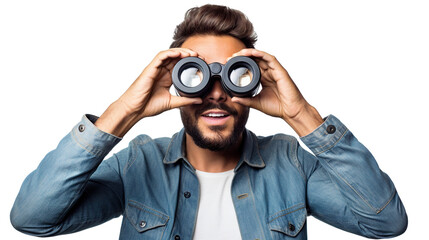 Surprised guy looking through binoculars, cut out