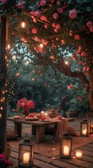 Poster - A wooden table with candles and flowers on it