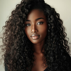 Portrait of a beautiful woung woman with brown skin and long curly black hair on a gray background