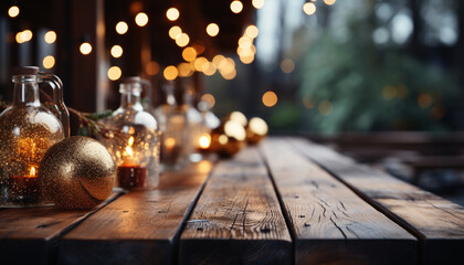 Poster - Rustic table decoration glows with Christmas lights, celebrating winter season generated by AI