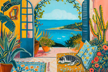 Cozy Corner Of Your Home With A Cat. Colorful Cozy Village Illustrations In Favism Style