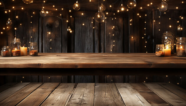 Rustic table, glowing candle, old fashioned decor, bright winter night generated by AI