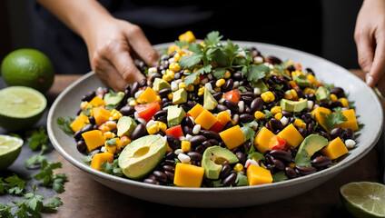 Canvas Print - Mango and Black Bean Salad with Avocado, Corn, and Lime, Hands Garnishing with Fresh Herbs.