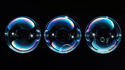 Poster -  a group of three soap bubbles sitting next to each other on a black background with a reflection of the bubbles in the middle of the bubbles and bottom half of the bubbles.