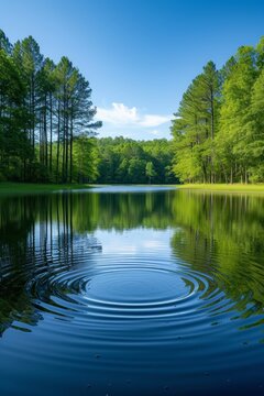 Soft ripples on a peaceful lake, reflecting a tranquil forest under a clear blue sky
