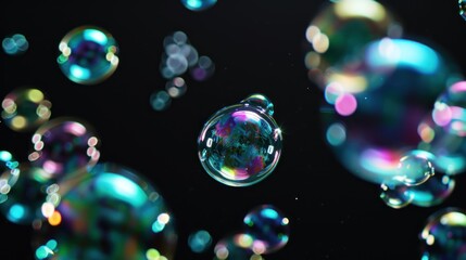 Poster -  a group of soap bubbles floating in the air on a black background with lots of small bubbles floating in the air on top of the bottom of the soap bubbles.