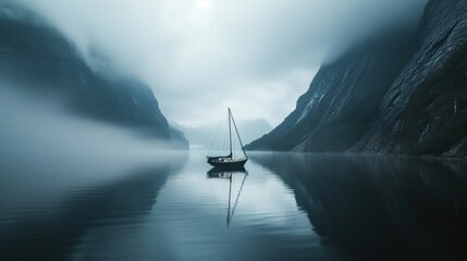 Wall Mural -  a boat floating on top of a body of water next to a mountain covered in fog and foggy clouds in the distance is a cliff face of a body of water with a boat in the foreground.