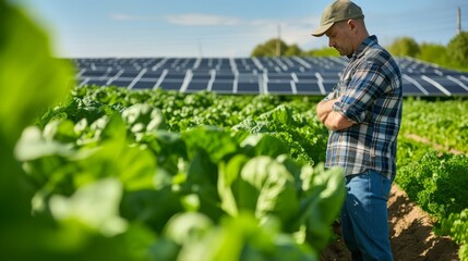 farmer in a vegetable field, solar panels among the vegetables  