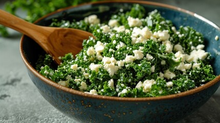 Wall Mural -  a close up of a bowl of food with broccoli florets and cheese on the top of the bowl and a wooden spoon in the middle of the bowl.