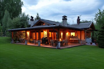 Luxury country house with evening lighting after sunset