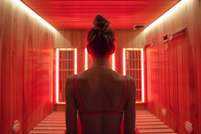 Silhouette Of A Woman With Her Back In A Towel In A Sauna, Infrared Sauna And Spa Concept.