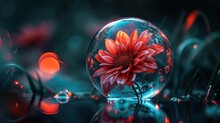  A Red Flower Sitting Inside Of A Glass Vase On Top Of A Reflective Surface With A Reflection Of It On The Surface Of The Water And A Blurry Background.