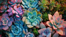  A Bunch Of Different Colored Succulents That Are In A Planter Next To Each Other On A Bed Of Green, Red, Blue, Pink, And Yellow, Pink, And Green Plants.