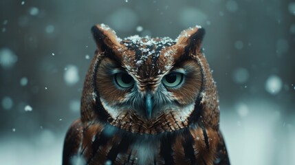 Poster -  a close up of an owl's face with snow falling on it's head and it's eyes covered in blue - green - eyed and brown feathers.