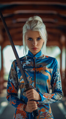 Wall Mural - Cute blonde girl with blue eyes stands with a katana