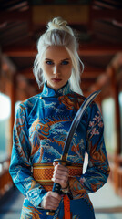 Wall Mural - Cute blonde girl with blue eyes stands with a katana