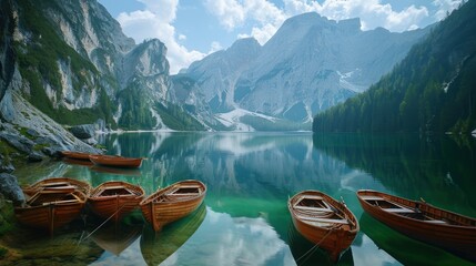 Sticker -  a group of boats floating on top of a lake next to a lush green hillside covered in snow covered mountains and a blue sky with white clouds and blue sky.