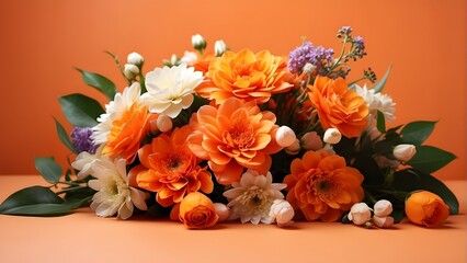 Wall Mural - Bouquet of orange and white flowers on a orange background.