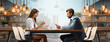 © Sudarshana - Clip art illustration for presentation background of two office staff members discuss in formal interview, lady explain and talking to the guy, chatting at the conference table.