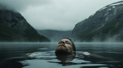 Sticker -  a man floating in a body of water with mountains in the background and fog in the air above his head, in the middle of the water is a body of water is a.