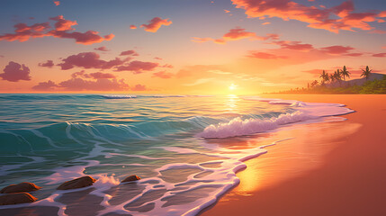 Wall Mural - Sandy beach with light blue transparent water waves and sunlight, tranquil aerial beach scene