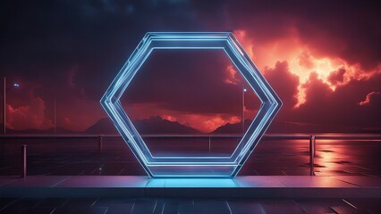 Wall Mural - light in the night This is a photo realistic image of a blue neon hexagon lightning on a dark background with a dramatic red sky and mountains in the distance.