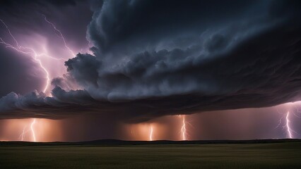Wall Mural - lightning over the field  A cosmic dance of forces, where the supercell thunderstorm and lightning are partners.  