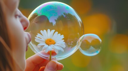 Poster -  a close up of a person blowing bubbles with a daisy in the foreground and a blue sky in the background, with a green field in the foreground.