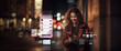 attractive beautiful young brunette Hispanic or Arab woman using and texting on her smart phone mobile for service 5g digital communication and online social media city banner