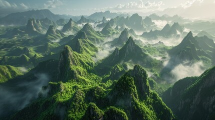 Poster -  an aerial view of a mountain range covered in lush green vegetation and mountains in the distance, with clouds in the sky and low lying clouds in the foreground.