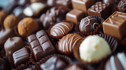 Wall Mural -  a pile of chocolates sitting next to each other on top of a blue tablecloth with white and brown chocolates on top of each of the chocolates.