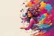 Holi Color Festival poster. Beautiful young woman with colorful hair and colorful splashes around her