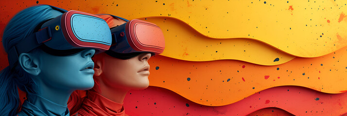 Wall Mural - VR headset on a girl in bright colors with copy space. Banner.