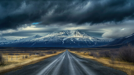 Poster -  a dirt road in the middle of a field with a mountain in the background and clouds in the sky over the top of the road is a snow - capped mountain.