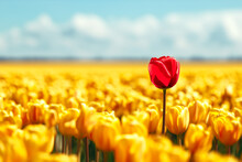 Solitary Red Tulip Standing Out In A Sea Of Yellow. Symbolizing The Idea Of Being Different And Standing Up From The Crowd. Concept Of Individuality And Contrast.