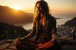 holistic yoga female coach portrait meditating in nature with view of the island and ocean at viewpoint sitting in lotus pose