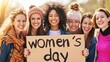 © Zahid - Happy smiling women holding a sign with written words on International 'Women's Day' or Women's Day for IWD, which takes place on March 8