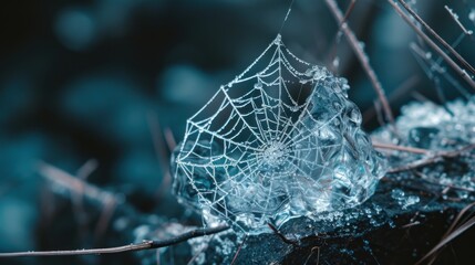 Wall Mural -  a close up of a spider's web on a plant with dew drops on the spider's web on the top of the spider'web's web.
