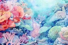 Beautiful Colorful Red, Orange And Blue Coral Anemone Reef Underwater Horizontal Background. Marine Wildlife. Snorkeling And Diving Hobby.