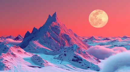 Sticker -  a mountain range covered in snow under a pink sky with a full moon in the middle of the sky and clouds in the foreground, with a pink hue in the foreground.