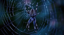  A Close Up Of A Spider In Its Web With Water Droplets On It's Back And A Blurry Background Of Trees And Bushes In The Backgroud.