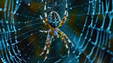 Wall Mural -  a close up of a spider in its web with water droplets on it's back and yellow and black stripes on it's back, with a blurry background.