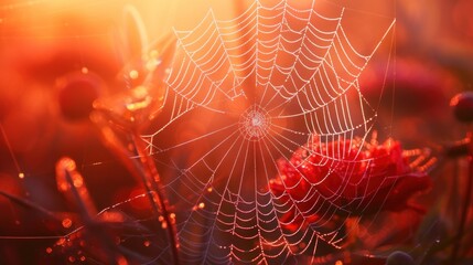 Wall Mural -  a close up of a spider's web on a plant with a red flower in the foreground and a blurry background of the spider's web.