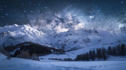 Poster -  a snowy mountain covered in snow under a night sky filled with stars and the stars in the sky above the mountains are pine trees and snow covered in the foreground.