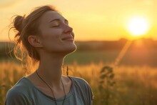 Calm and serene backlit portrait of a woman enjoying a beautiful moment in life Against a backdrop of fields at sunset Embodying freedom and happiness