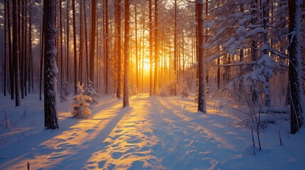 Poster -  the sun shines through the trees in the snow covered area of a wooded area with snow on the ground and on the ground, there is a path in the foreground is a snow covered area with.