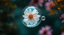  A Close Up Of A White Flower Inside Of A Glass Ball With Water Droplets On The Bottom Of It And Pink And Purple Flowers In The Middle Of The Background.